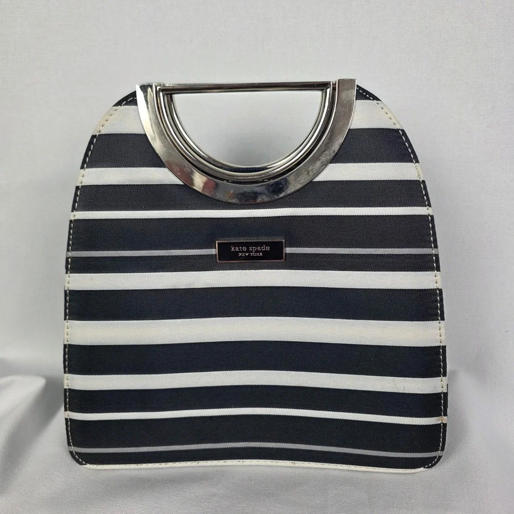 Kate Spade New York Striped Canvas Handbag Black White Silver Metal Handle